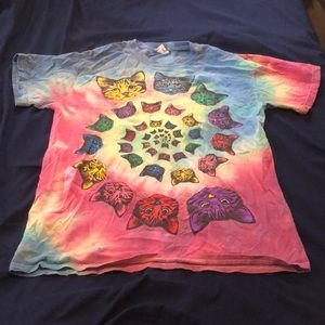 Fruit of the Loom rainbow tie-dye short sleeved printed cat tshirt. Size Medium.